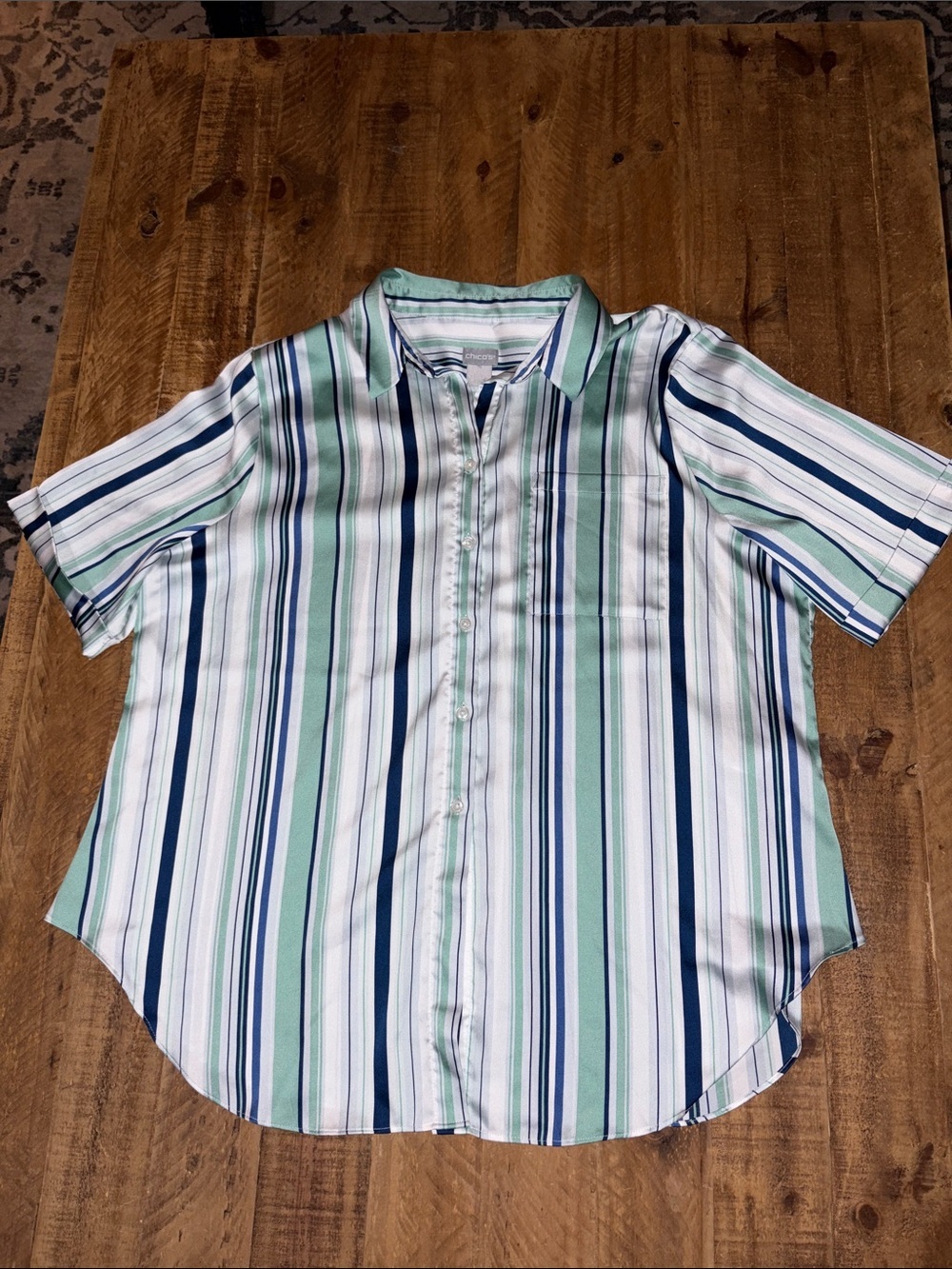Chico’s Striped Satin Button Down Blouse - Picture 2 of 7